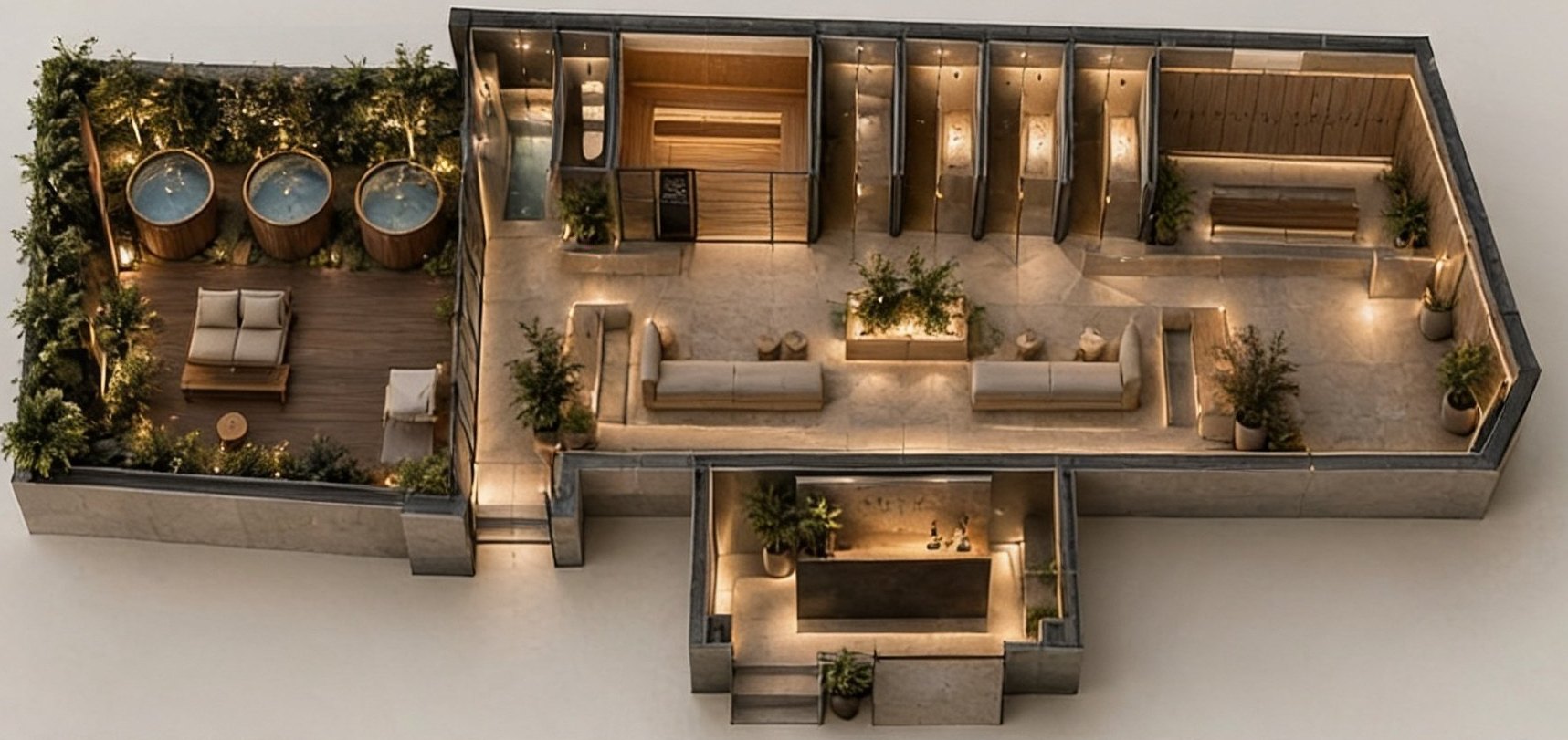 Planta de referencia de SHIRO: patio con tres ice baths, sauna, cabinas privadas, salón de descanso y recepción